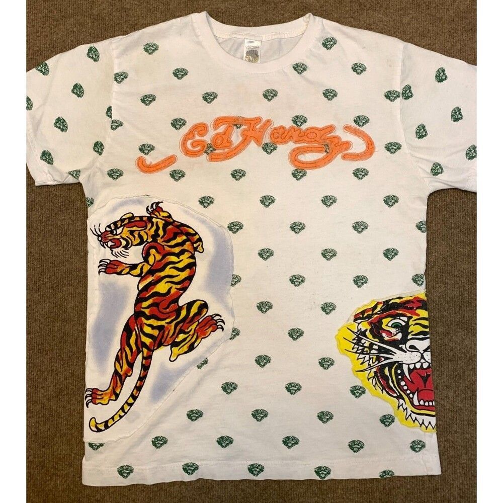 Vintage Ed Hardy Christian Audigier Shirt Large Short Sleeve Patchwork Tiger